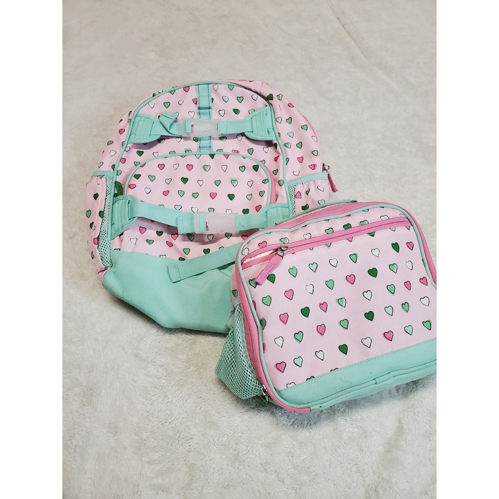 Pottery Barn Kids Roller Rabbit Pink Mint Hearts Backpack Lunch Bag Sack School